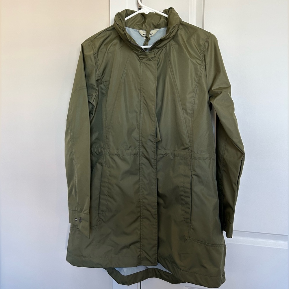 Woolrich Olive Green Long Raincoat